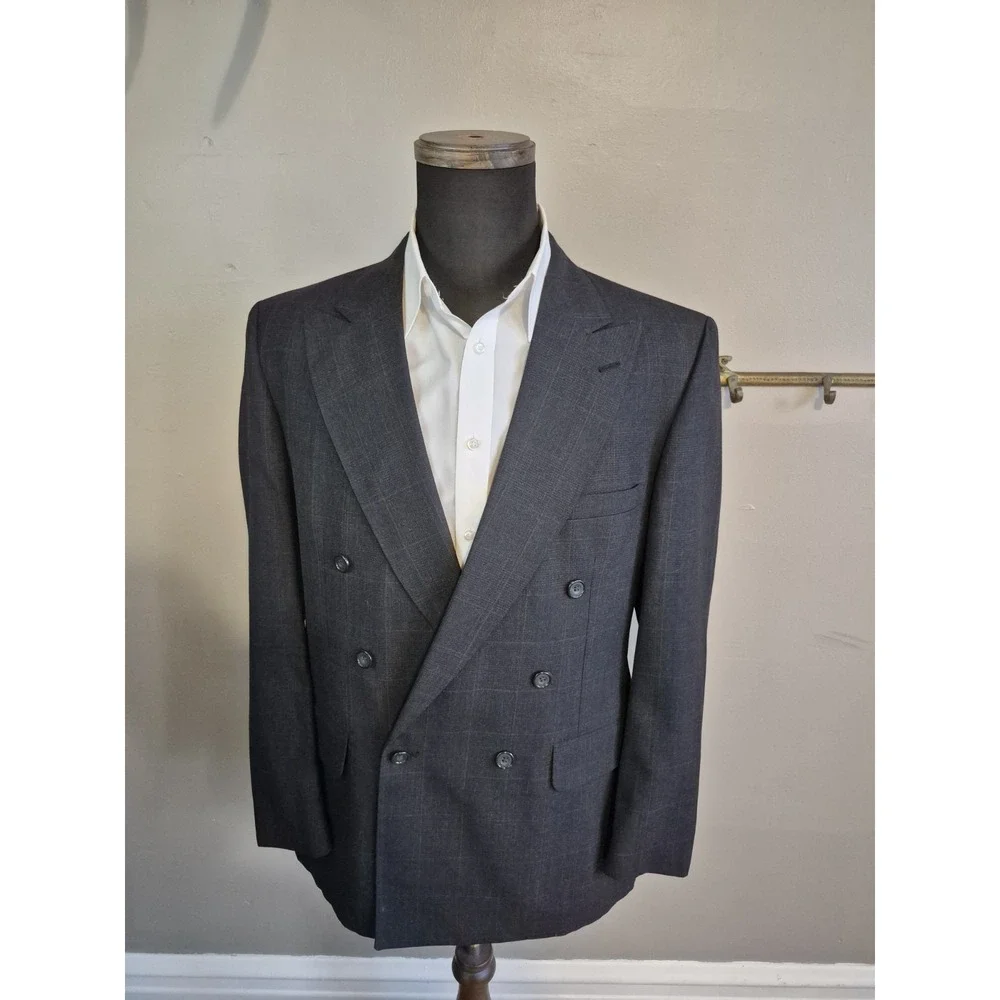 Vintage Evan Picone Mens Double Breasted Sport Coat 40R Gray Plaid Wool USA
